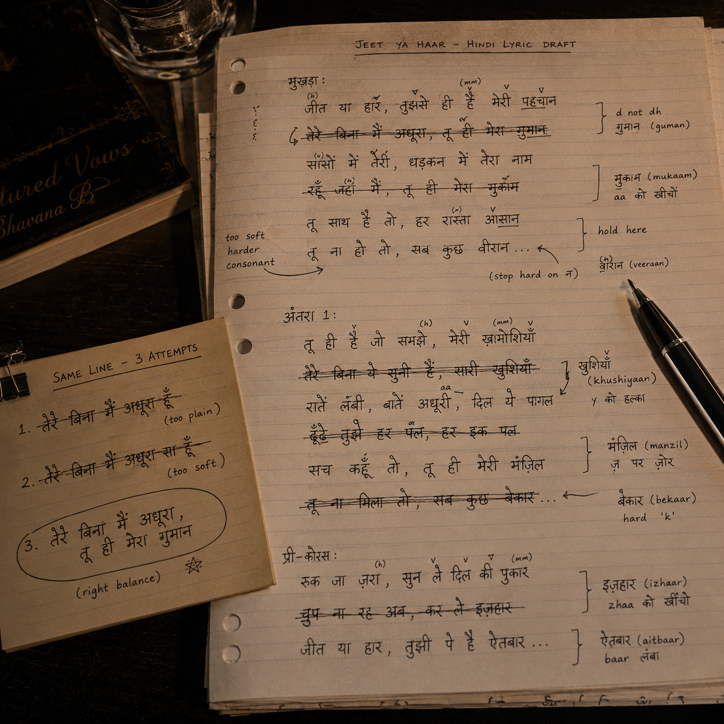 Hindi lyric draft with phonetic notes and multiple attempts