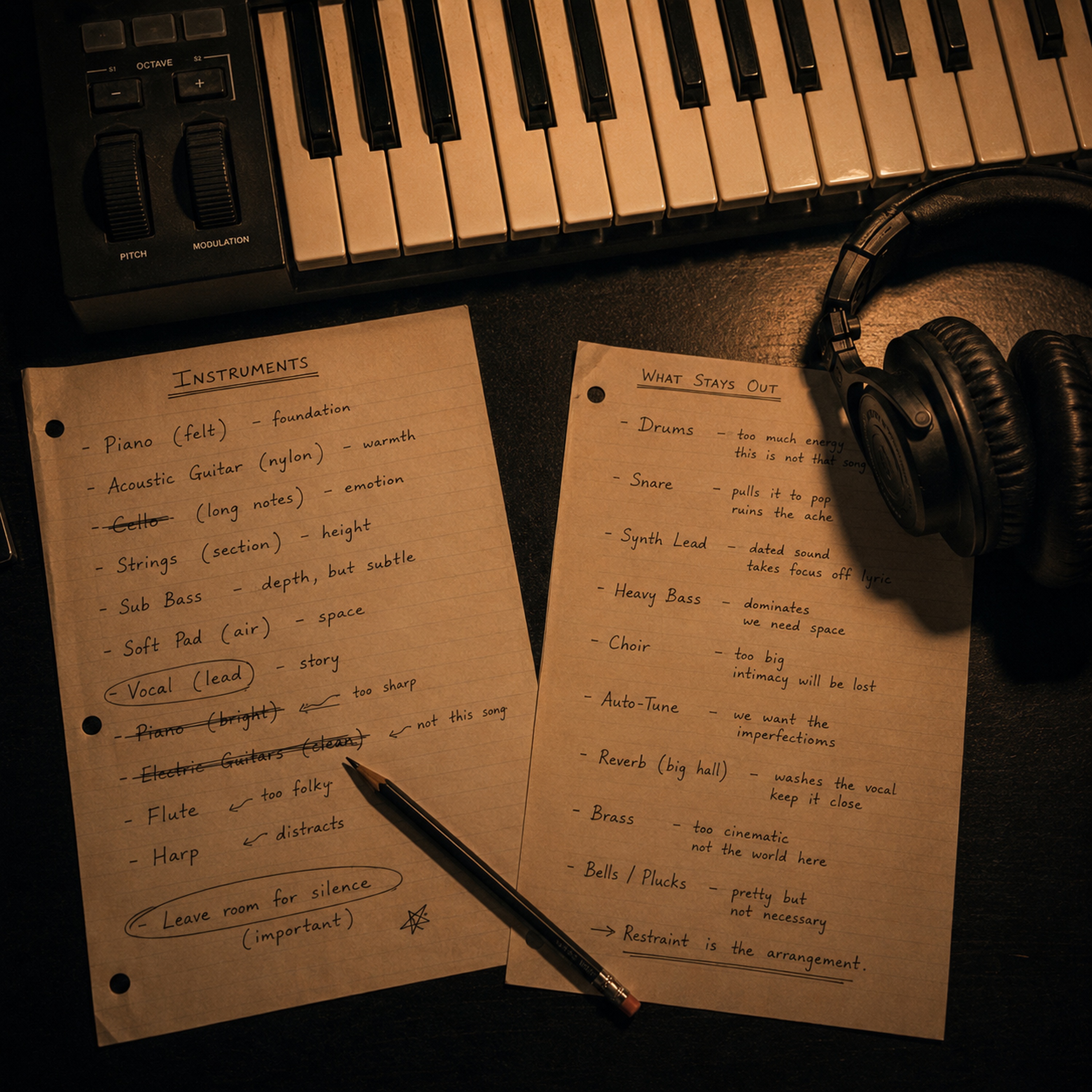 Instrument selection notes with what stays out list