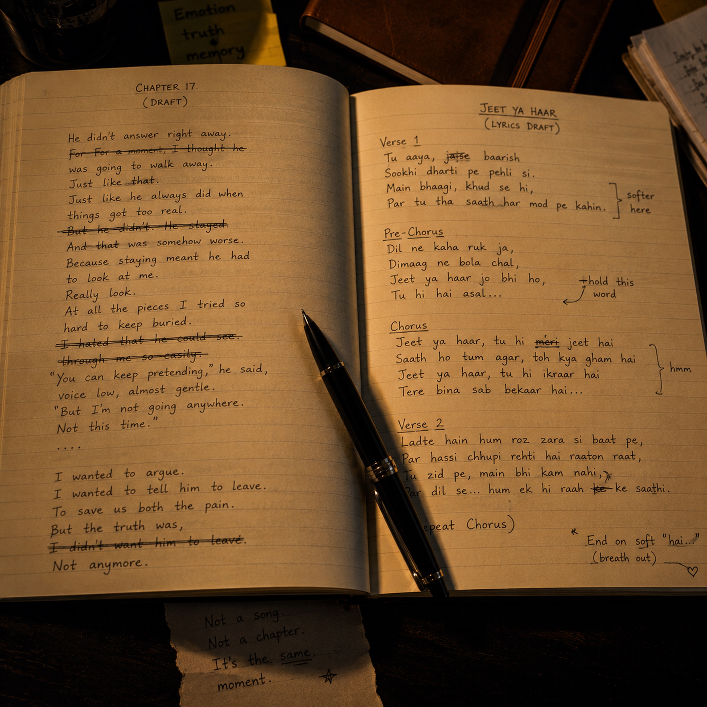 Manuscript chapter and song lyrics written side by side