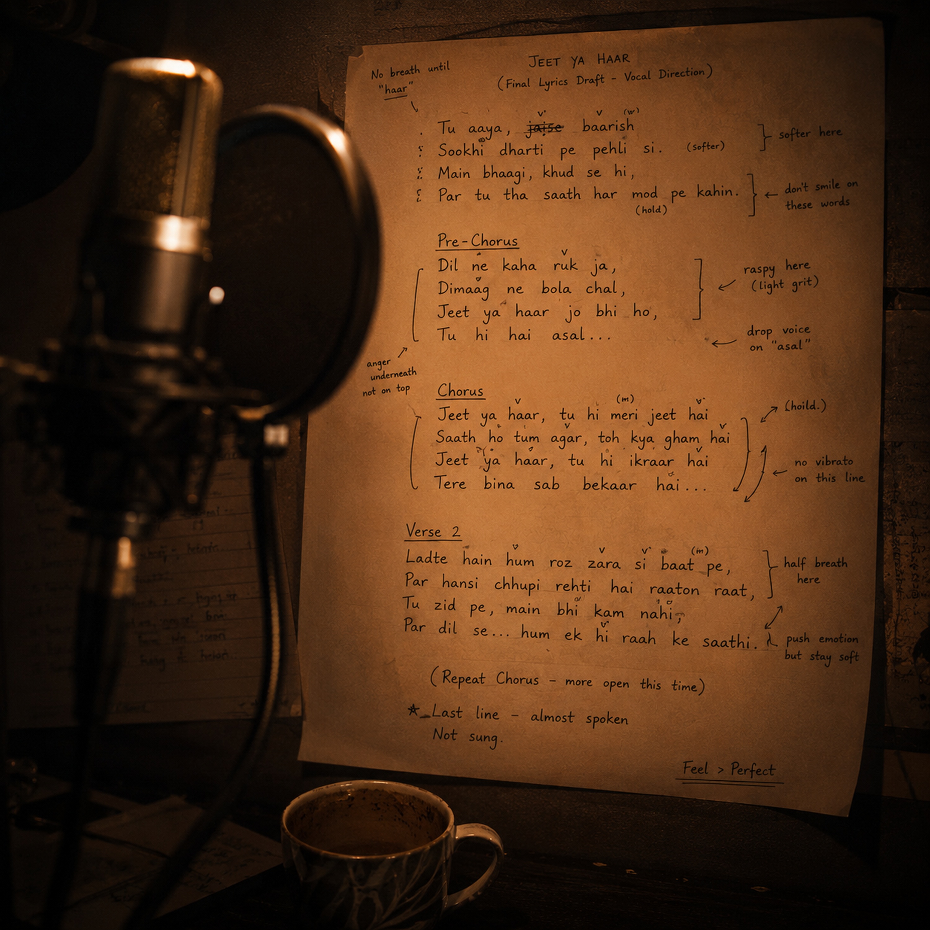 Vocal direction sheet with breath marks and performance notes